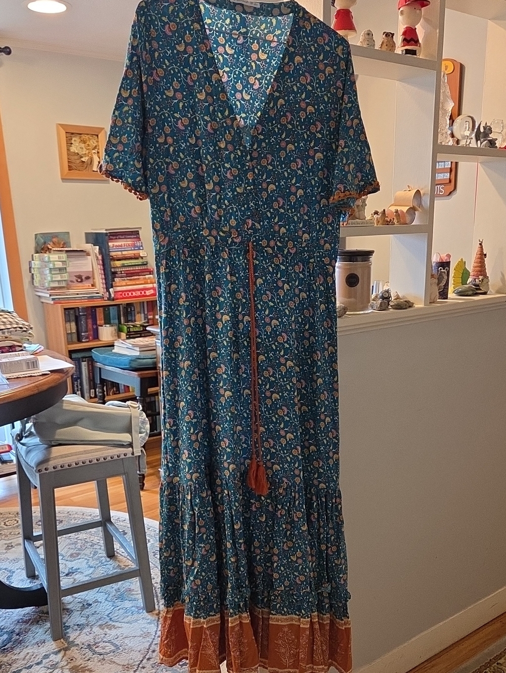 Teal Floral Maxi Dress with Tassel Waist